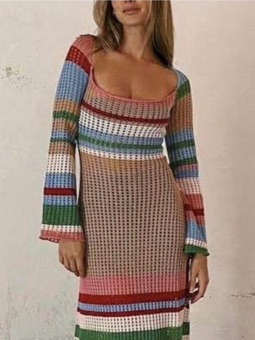 NWOT VRG GRL Verge Girl Work of Art Crochet Knit Maxi Dress Bell Sleeves Size 4